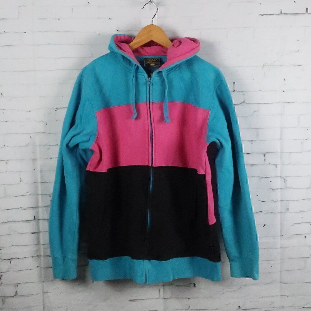 FISHBONE BLUE PINK & BLACK COLORBLOCK ZIP UP LONG SLEEVE HOODED SWEATSHIRT LARGE